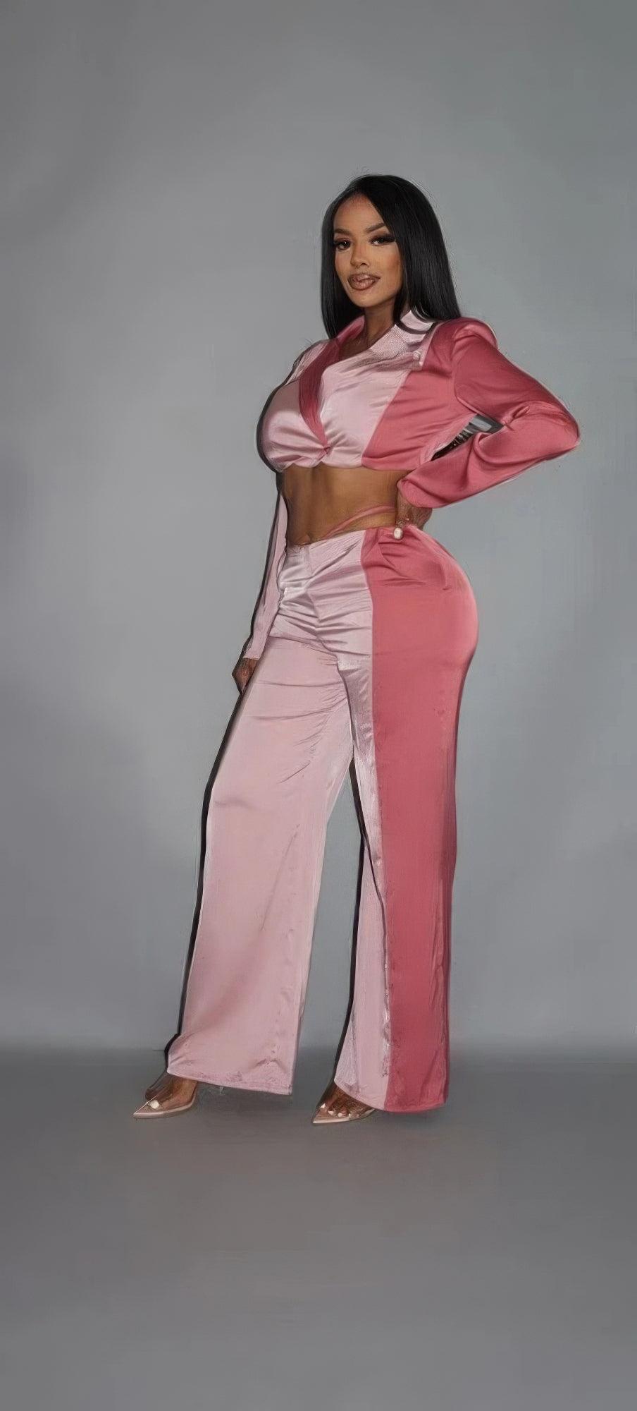 Colorblock Crop Blazer With Matching Low Rise Wide Leg Pant Set With Pockets - AMIClubwear