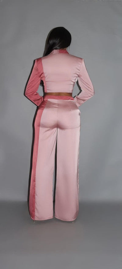 Colorblock Crop Blazer With Matching Low Rise Wide Leg Pant Set With Pockets - AMIClubwear