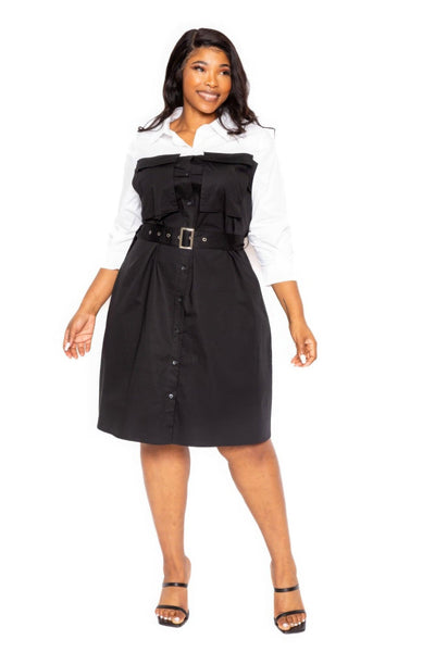 Contrast Shirt Dress With Pockets - AMIClubwear