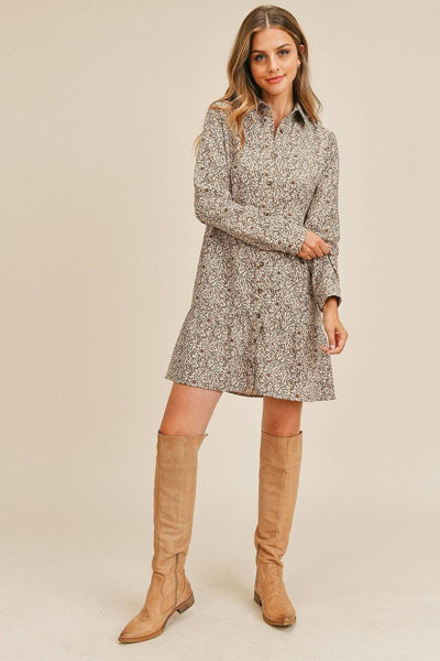 Corduroy Printed Button Down Front Collar Long Sleeve Dress - AMIClubwear