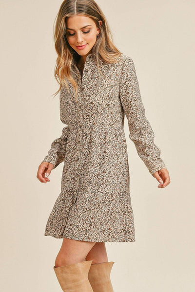 Corduroy Printed Button Down Front Collar Long Sleeve Dress - AMIClubwear