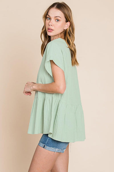 Cotton Bleu by Nu Lab Ruched Notched Short Sleeve Blouse - AMIClubwear