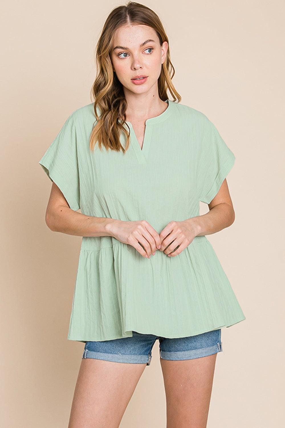 Cotton Bleu by Nu Lab Ruched Notched Short Sleeve Blouse - AMIClubwear