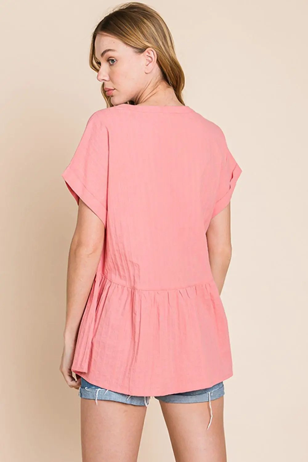 Cotton Bleu by Nu Label Notched Short Sleeve Peplum Top