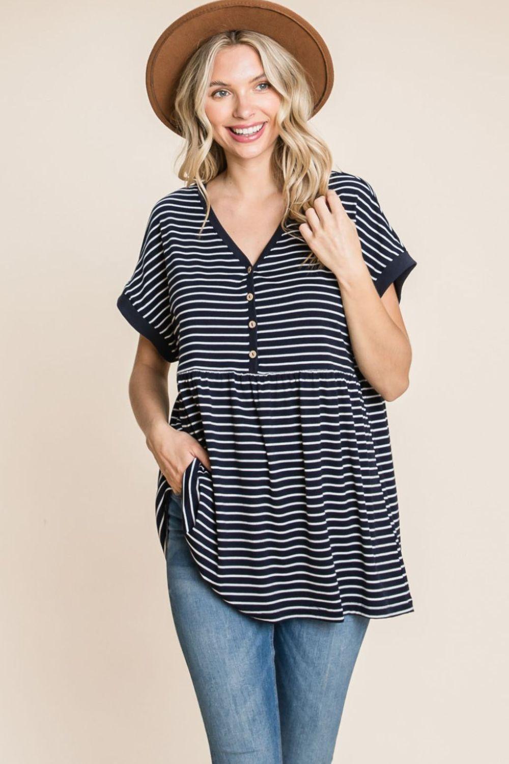 Cotton Bleu by Nu Label Striped Button Front Baby Doll Top - AMIClubwear