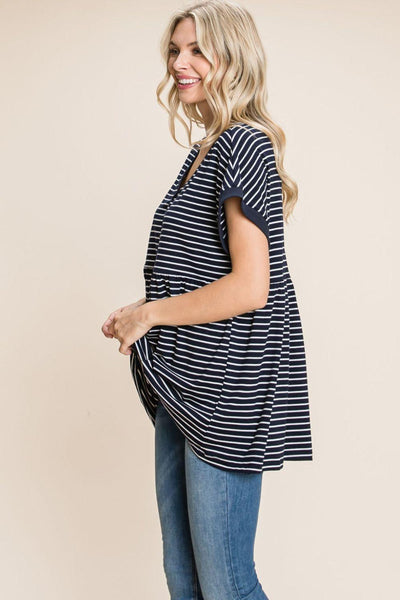 Cotton Bleu by Nu Label Striped Button Front Baby Doll Top - AMIClubwear