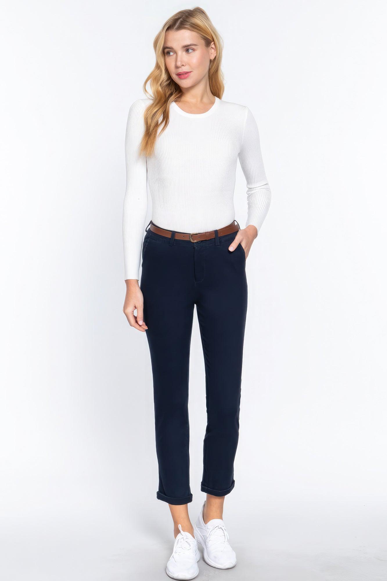 Cotton-span Twill Belted Long Pants - AMIClubwear