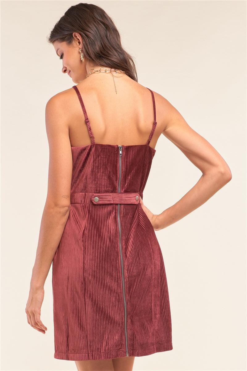 Cranberry Red Corduroy Sleeveless Square Neck Tight Fit Mini Dress - AMIClubwear