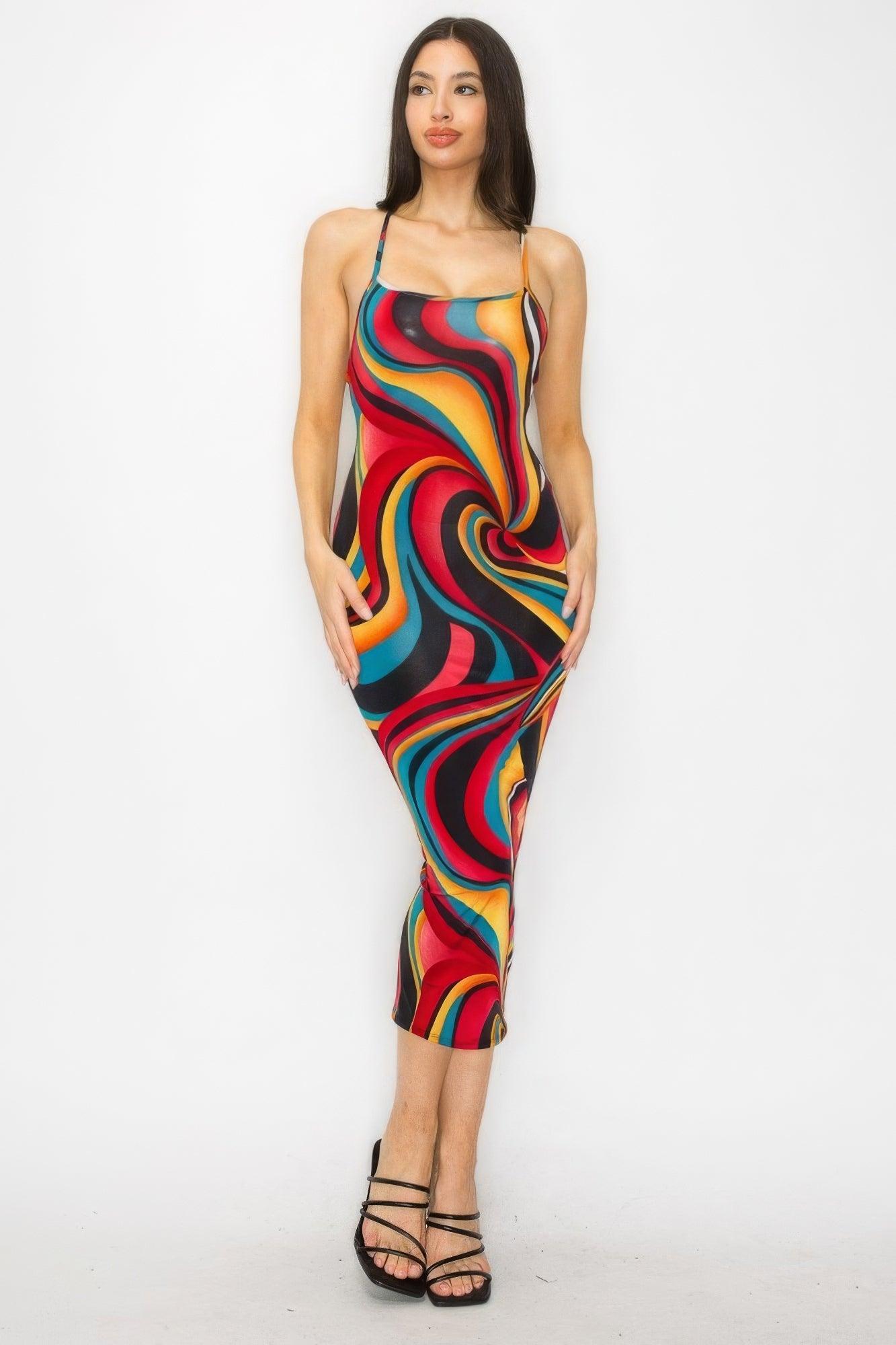 Crossed Back Marble Print Multicolor Midi Dress - AMIClubwear