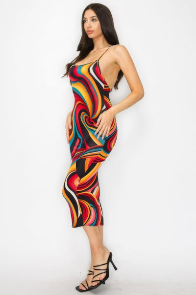 Crossed Back Marble Print Multicolor Midi Dress - AMIClubwear