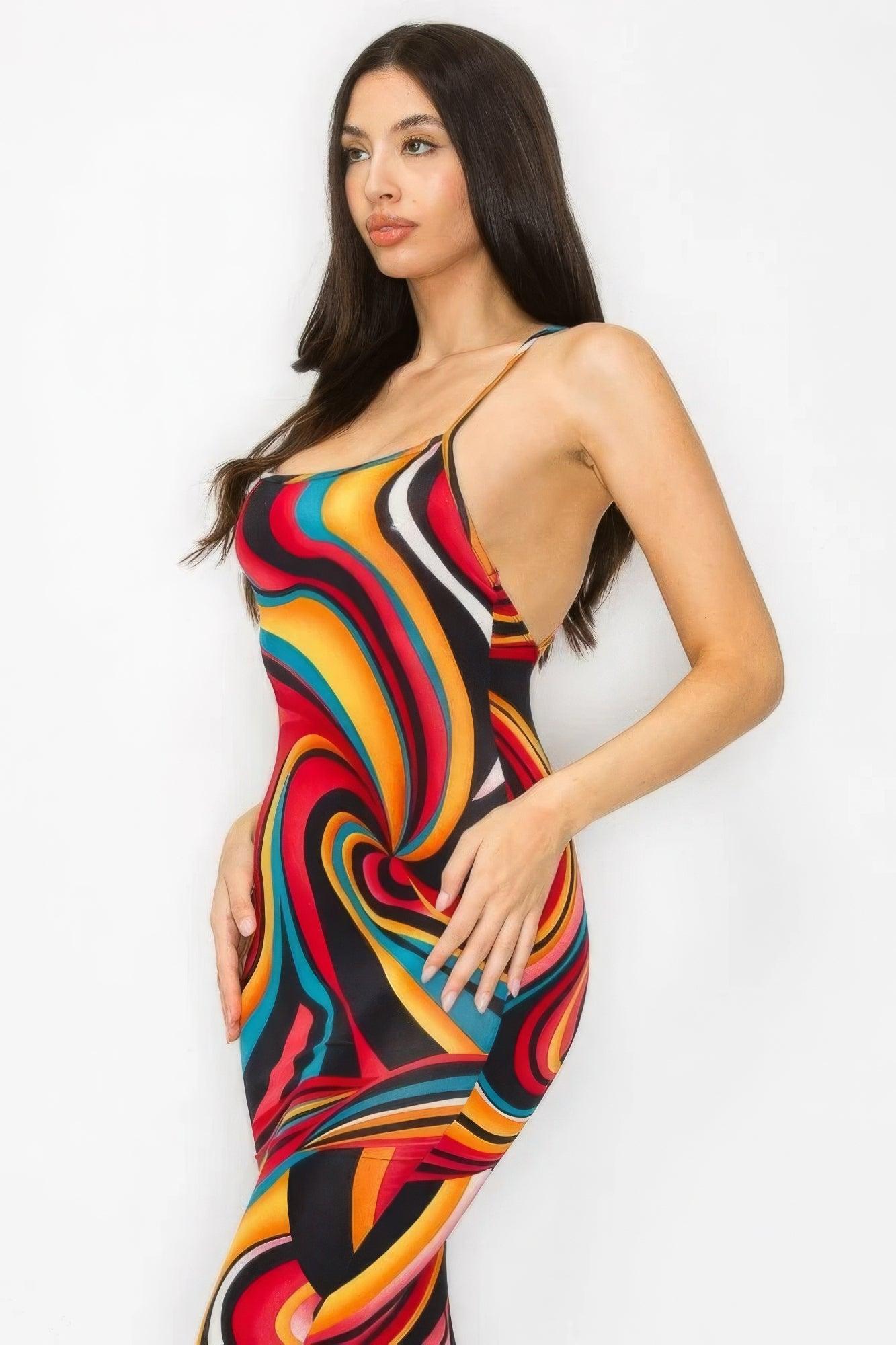 Crossed Back Marble Print Multicolor Midi Dress - AMIClubwear