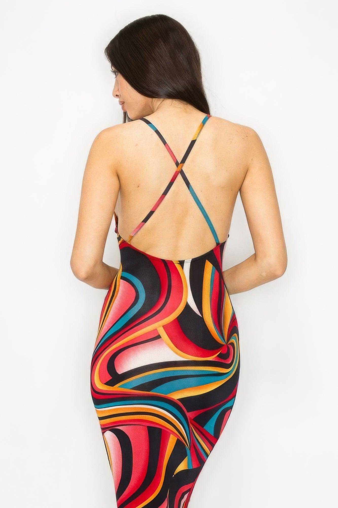 Crossed Back Marble Print Multicolor Midi Dress - AMIClubwear