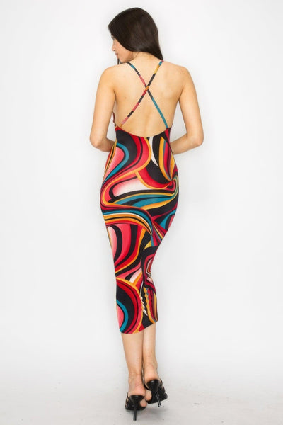 Crossed Back Marble Print Multicolor Midi Dress - AMIClubwear