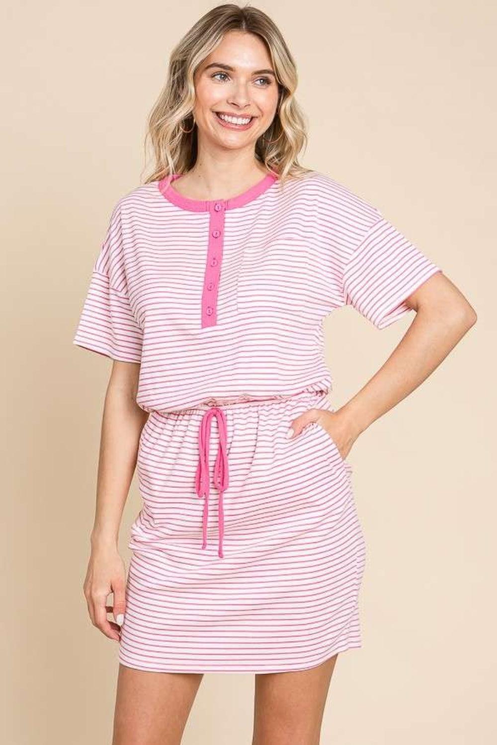 Culture Code Full Size Striped Short Sleeve Mini Dress with Pockets - AMIClubwear