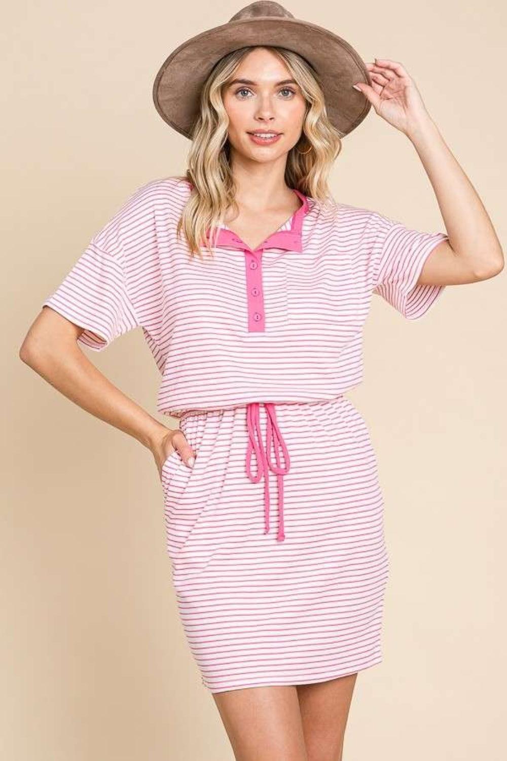 Culture Code Full Size Striped Short Sleeve Mini Dress with Pockets - AMIClubwear