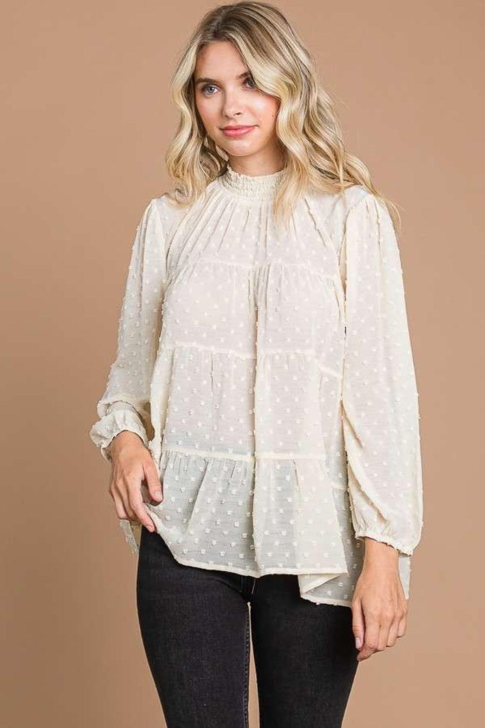 Culture Code Full Size Swiss Dot Smocked Mock Neck Blouse - AMIClubwear