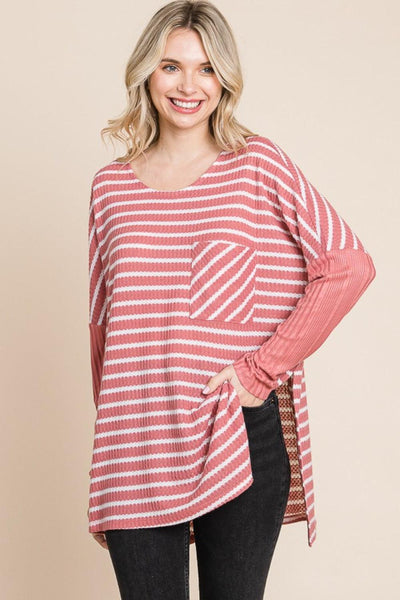 Culture Code Oversize Striped Round Neck Long Sleeve Slit T-Shirt - AMIClubwear