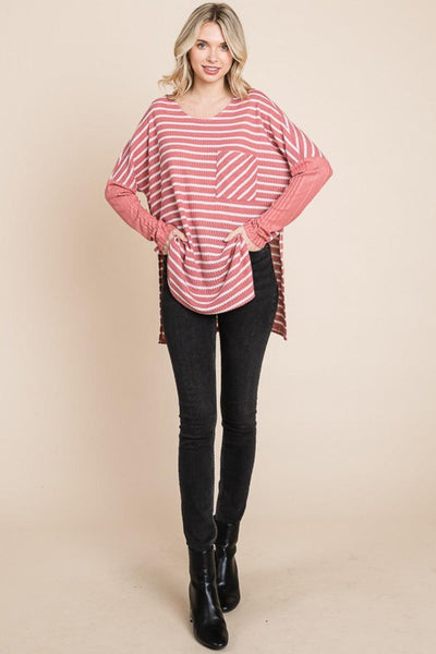 Culture Code Oversize Striped Round Neck Long Sleeve Slit T-Shirt - AMIClubwear