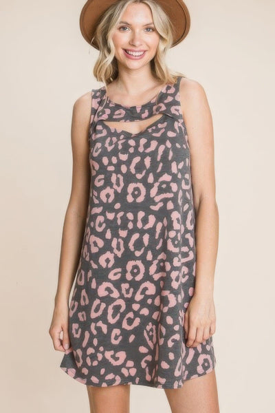 Cute Animal Print Cut Out Neckline Sleeveless Tunic Dress - AMIClubwear