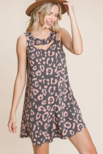 Cute Animal Print Cut Out Neckline Sleeveless Tunic Dress - AMIClubwear