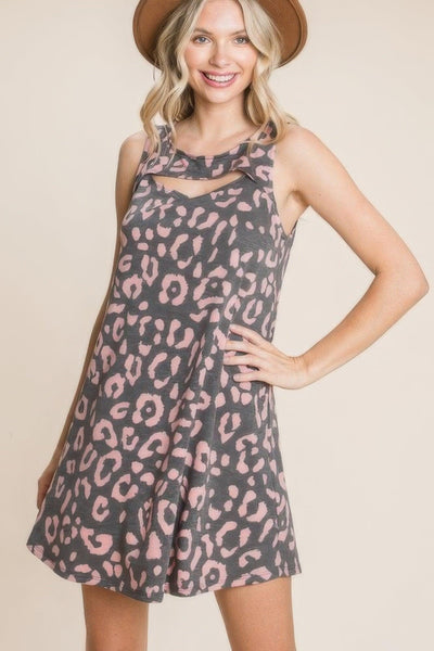 Cute Animal Print Cut Out Neckline Sleeveless Tunic Dress - AMIClubwear