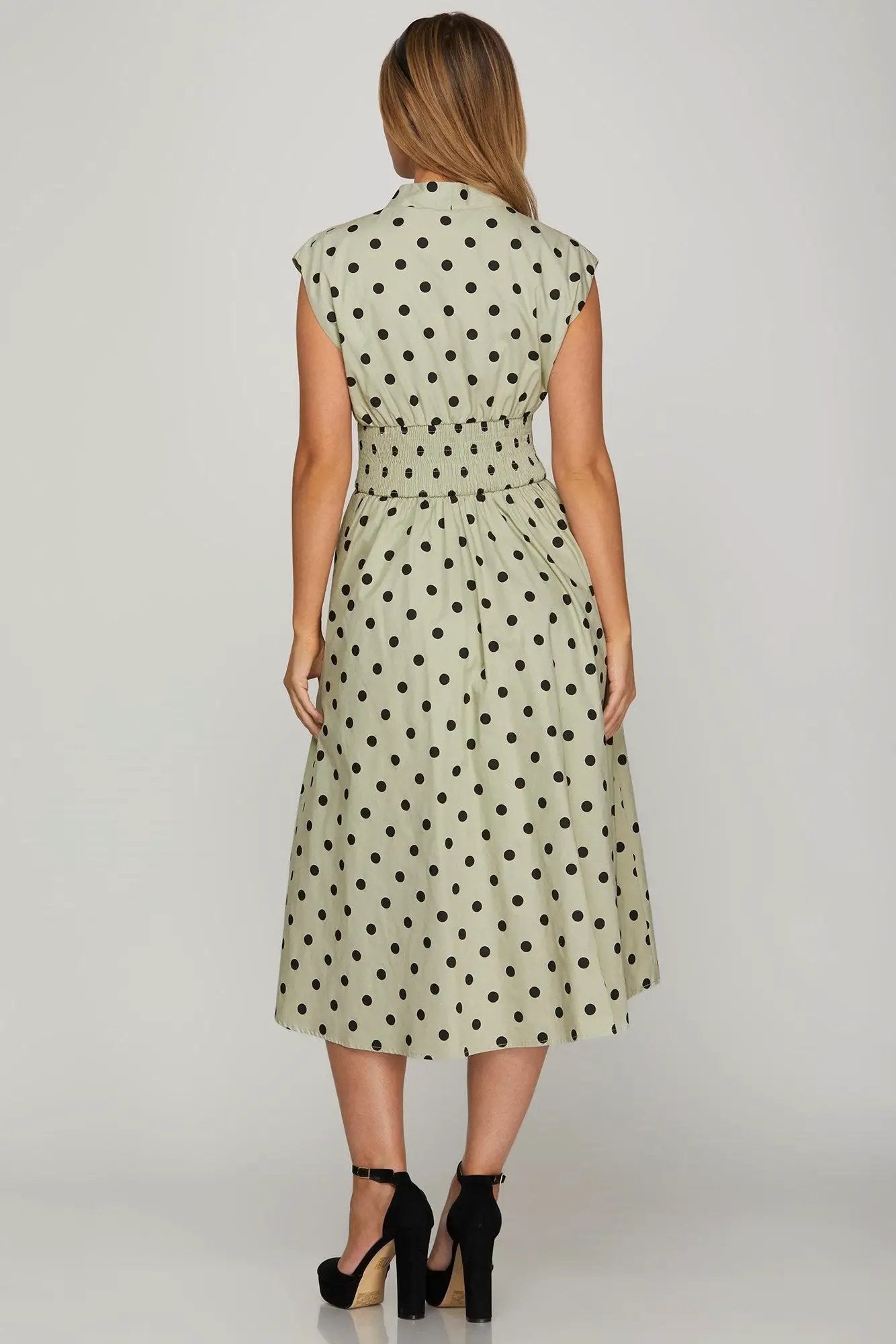She + Sky Front Zip Polka Dots Cap Sleeve Midi Dress
