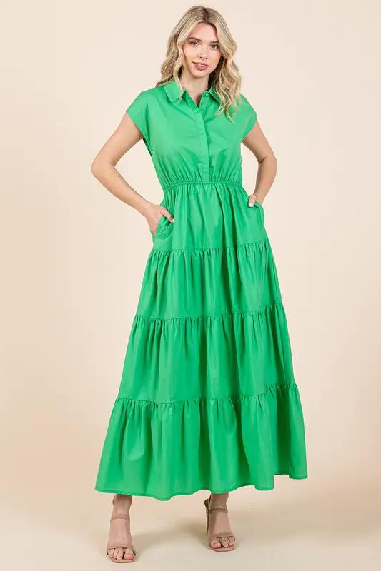 Mittoshop Button Up Collared Tiered Maxi Shirt Dress