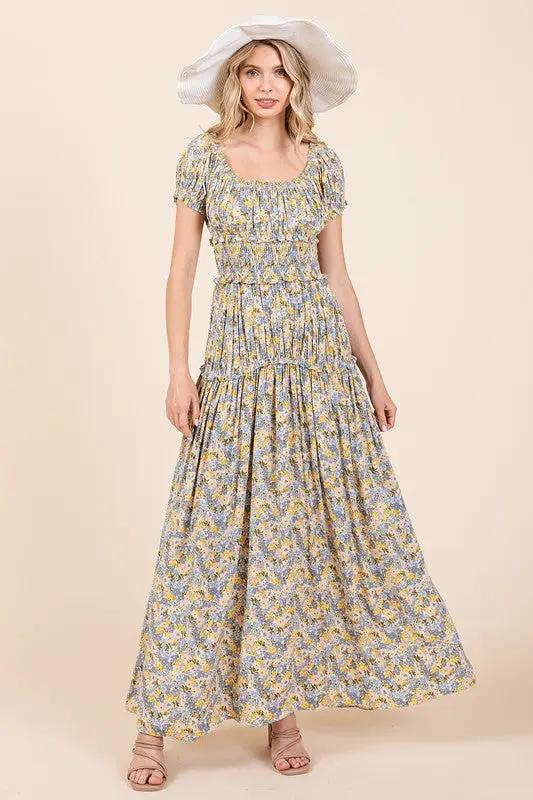 Mittoshop Flower Print Puff Sleeve Gathered Maxi Dress