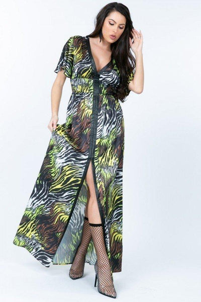 Deep V Neck Slit Zebra Print Long Dress - AMIClubwear