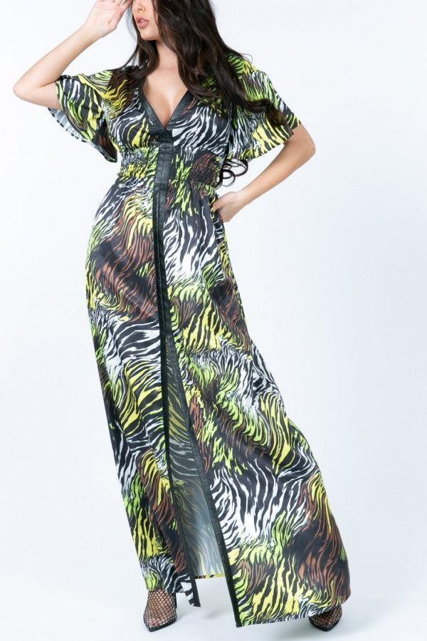 Deep V Neck Slit Zebra Print Long Dress - AMIClubwear