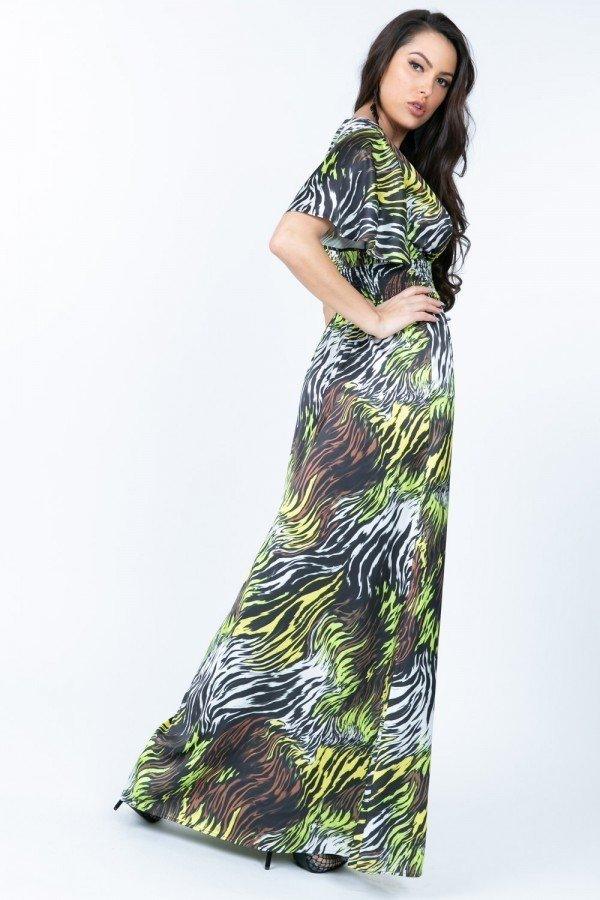 Deep V Neck Slit Zebra Print Long Dress - AMIClubwear