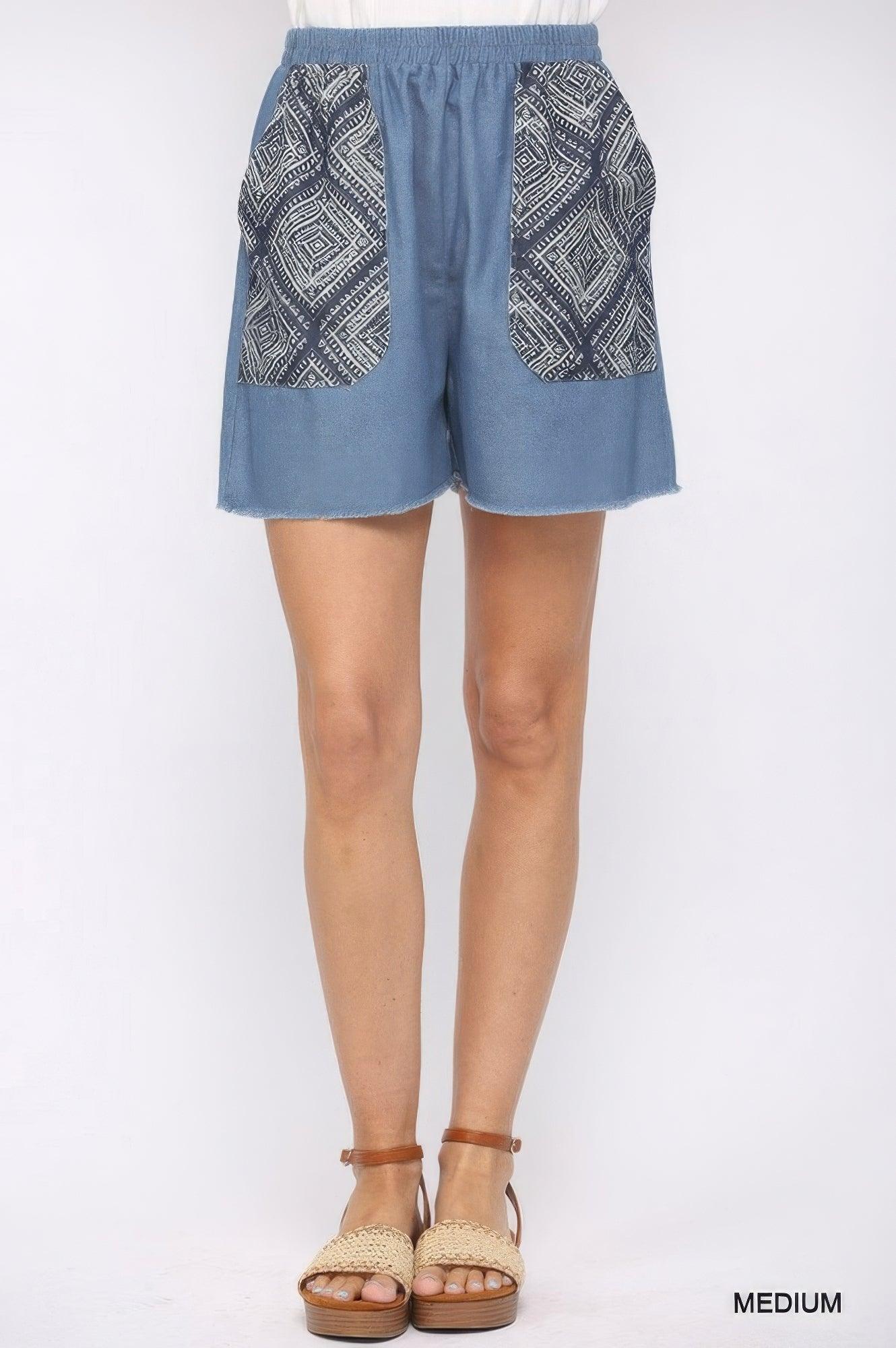 Denim And Print Pockets Elastic Waist Shorts With Raw Hem - AMIClubwear