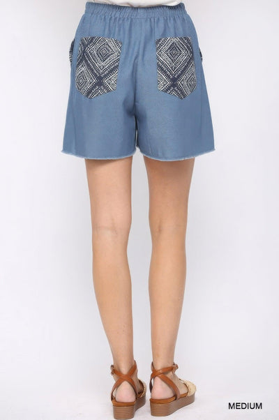 Denim And Print Pockets Elastic Waist Shorts With Raw Hem - AMIClubwear