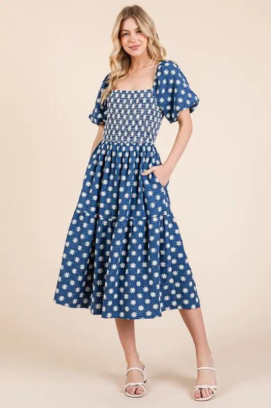 GeeGee Floral Embroidered Smocked Puff Sleeve Tiered Midi Dress