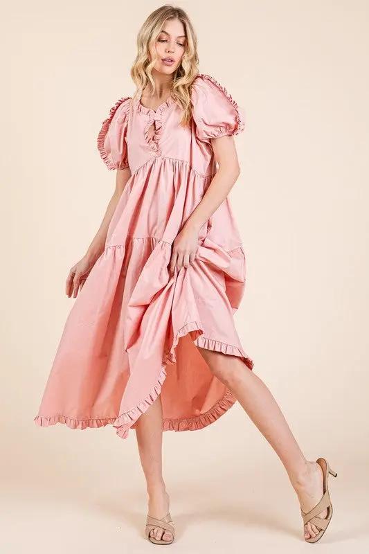 GeeGee Ruffle Trim Puff Sleeve Tiered Babydoll Midi Dress