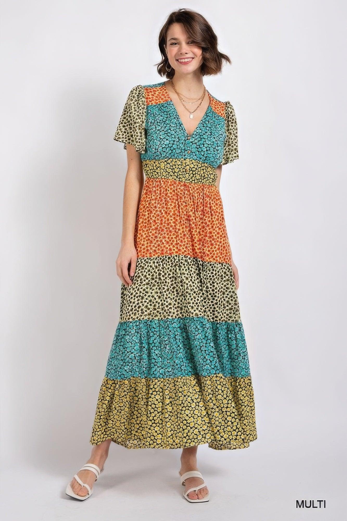 Ditsy floral color block v-neck split button up maxi dress - AMIClubwear