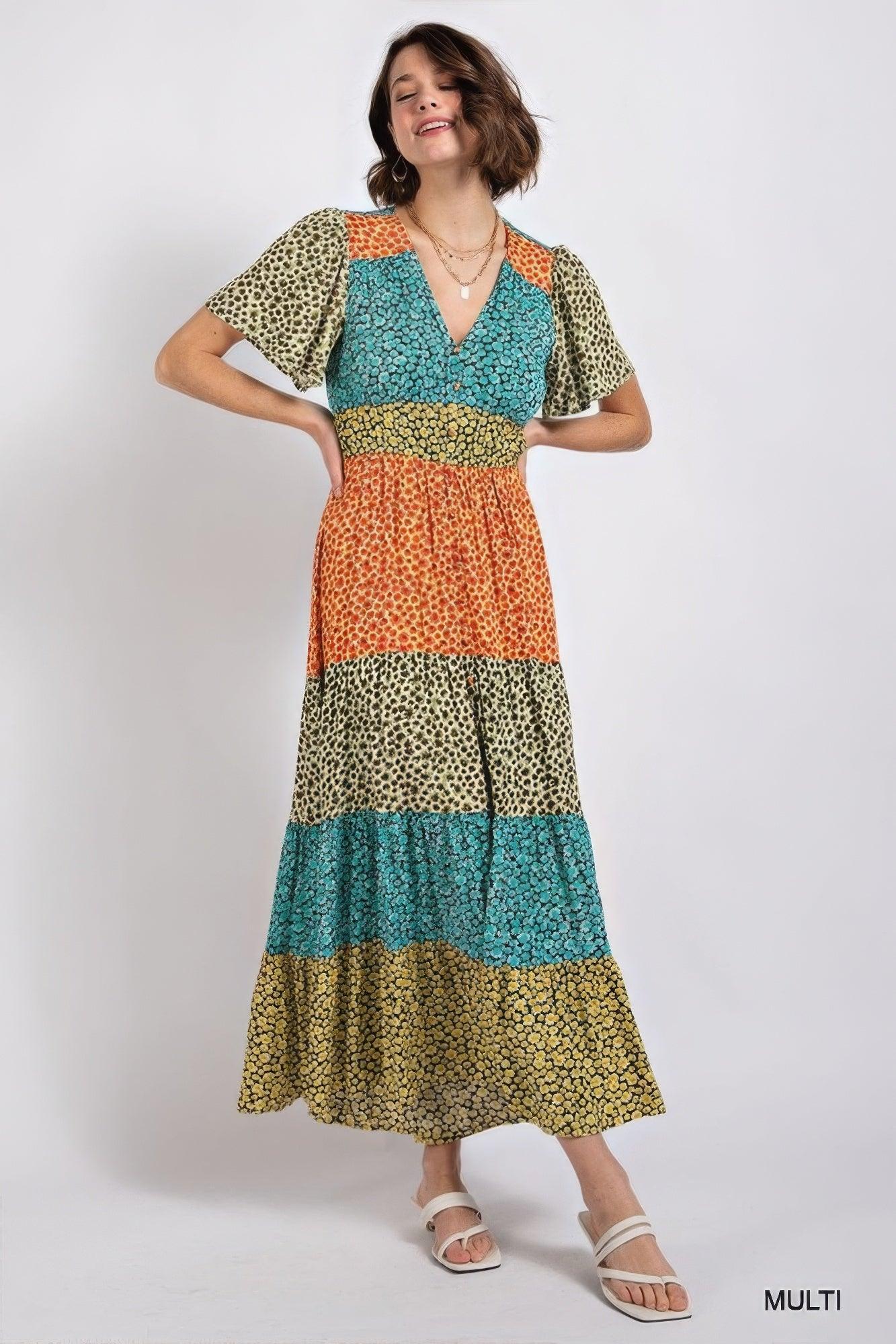 Ditsy floral color block v-neck split button up maxi dress - AMIClubwear