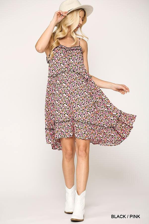 Ditsy Floral Print Sleeveless Dress With Lace Trim - AMIClubwear