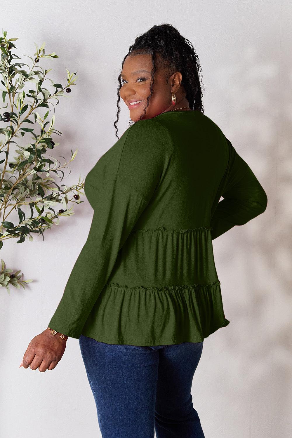 Double Take Half Button Long Sleeve Ruffle Hem Blouse - AMIClubwear