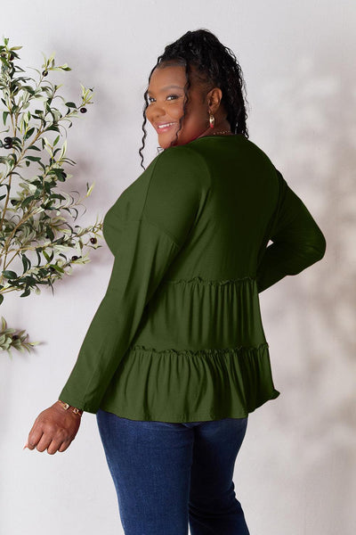 Double Take Half Button Long Sleeve Ruffle Hem Blouse - AMIClubwear