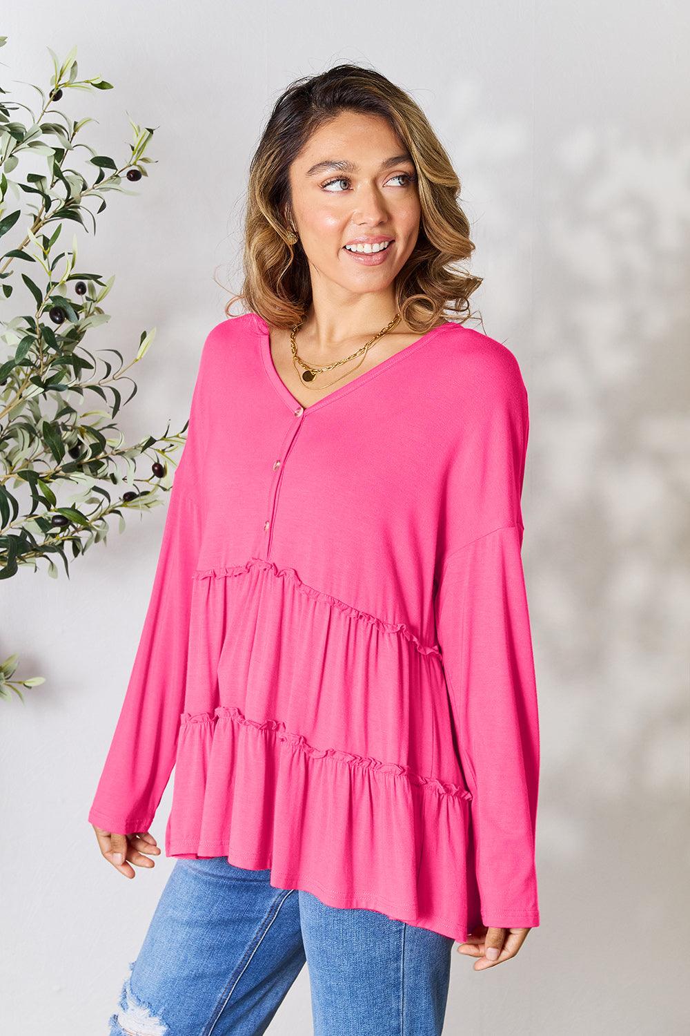 Double Take Half Button Long Sleeve Ruffle Hem Blouse - AMIClubwear