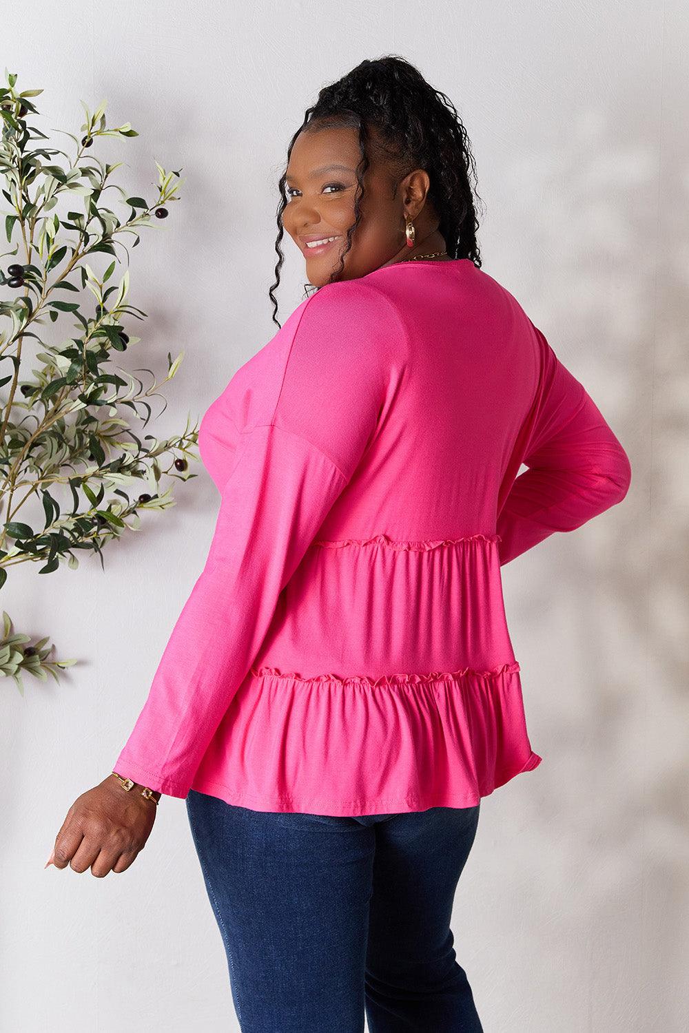 Double Take Half Button Long Sleeve Ruffle Hem Blouse - AMIClubwear