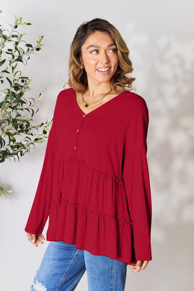 Double Take Half Button Long Sleeve Ruffle Hem Blouse - AMIClubwear