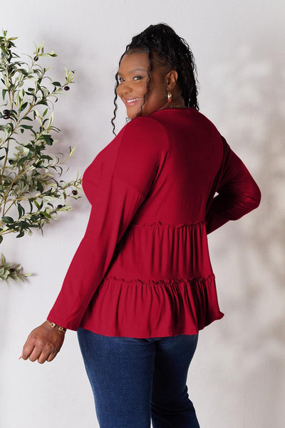 Double Take Half Button Long Sleeve Ruffle Hem Blouse - AMIClubwear