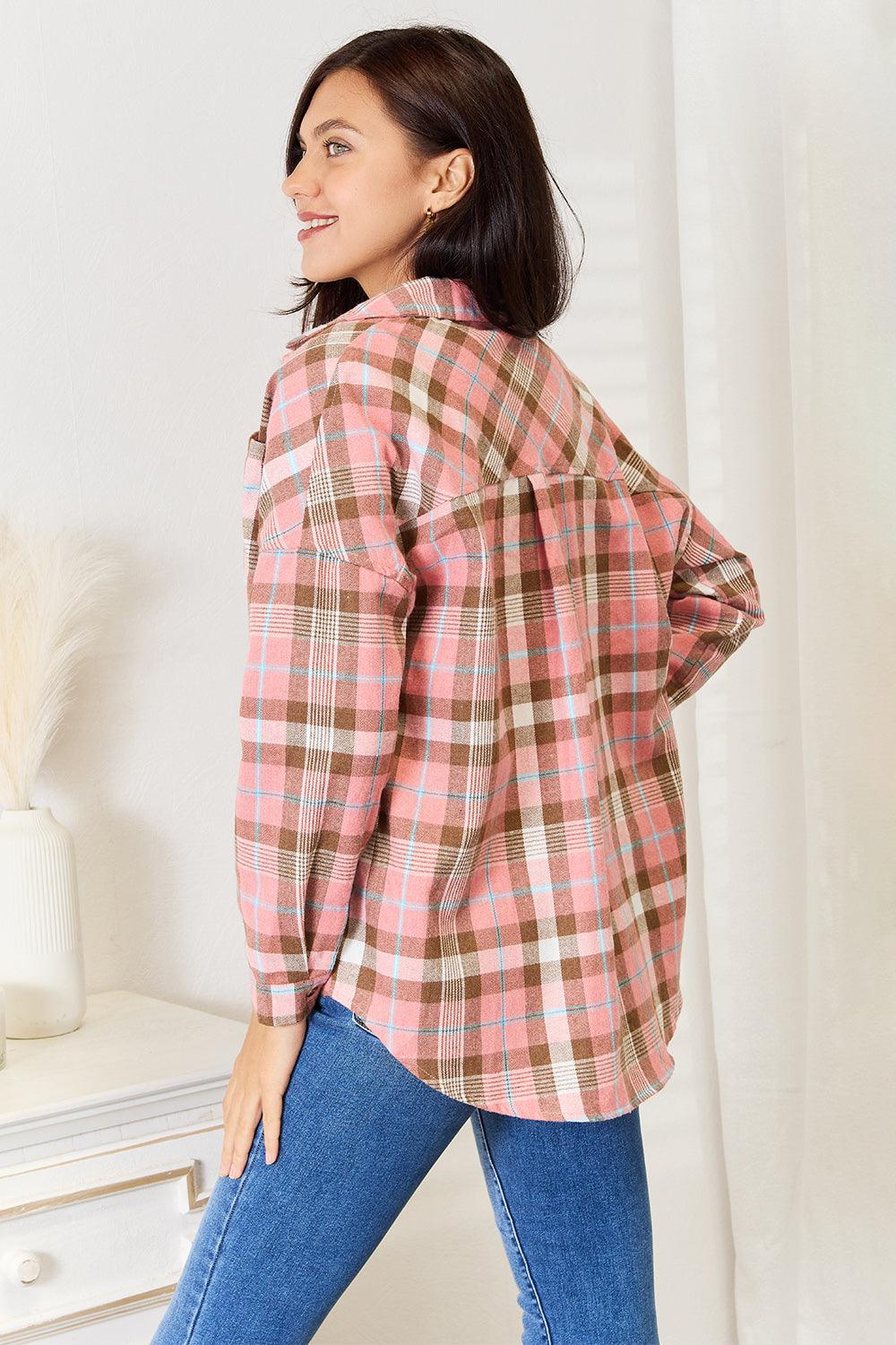 Double Take Plaid Collared Neck Long Sleeve Button-Up Shirt - AMIClubwear