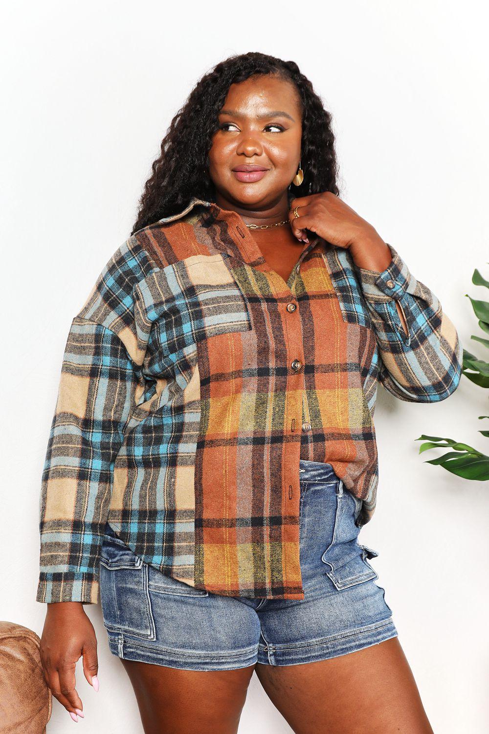 Double Take Plaid Curved Hem Shirt Jacket with Breast Pockets - AMIClubwear