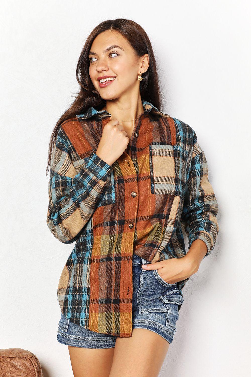 Double Take Plaid Curved Hem Shirt Jacket with Breast Pockets - AMIClubwear