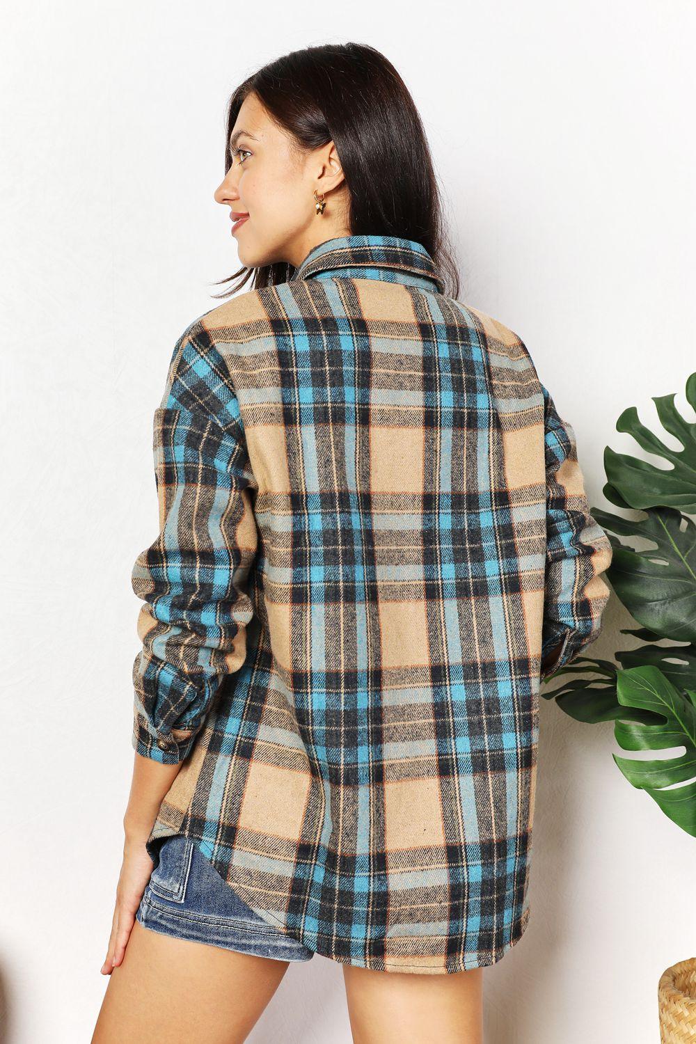 Double Take Plaid Curved Hem Shirt Jacket with Breast Pockets - AMIClubwear