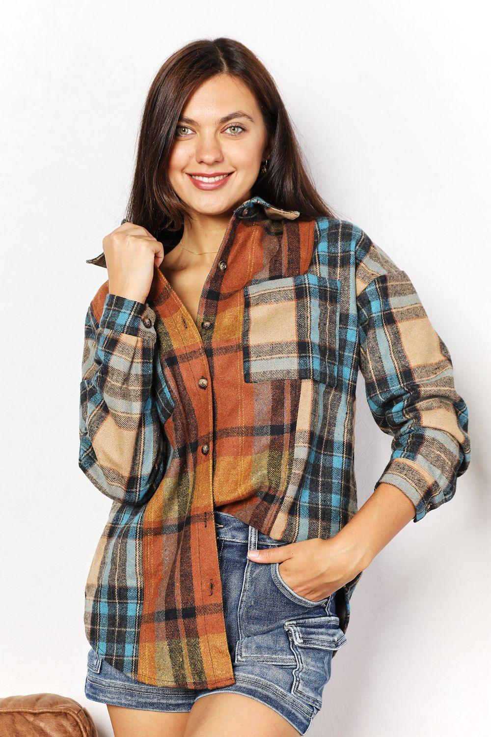 Double Take Plaid Curved Hem Shirt Jacket with Breast Pockets - AMIClubwear