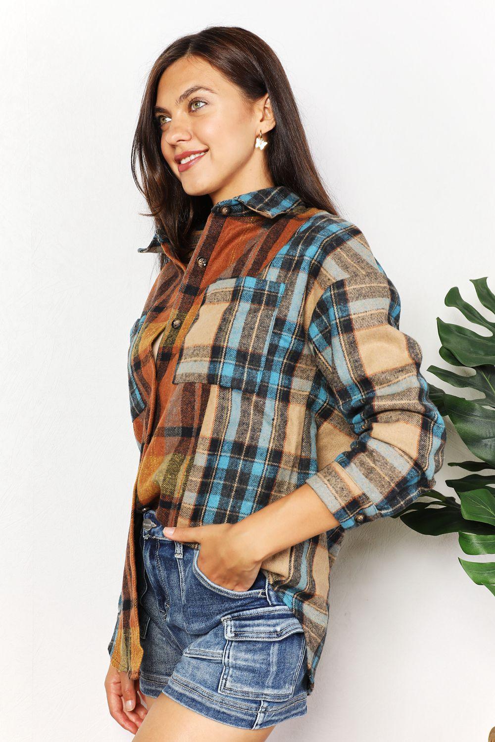 Double Take Plaid Curved Hem Shirt Jacket with Breast Pockets - AMIClubwear